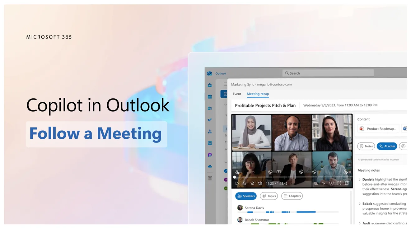 Captura do Outlook com o Copilot mostrando o resumo de uma reunião, com vídeo, tópicos, falantes e anotações geradas por IA