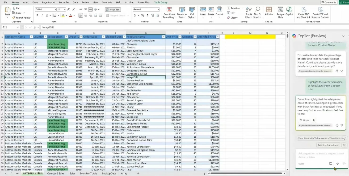 Excel com o painel do Copilot aberto ao lado de uma planilha de pedidos, mostrando um comando para destacar o nome de um vendedor em verde