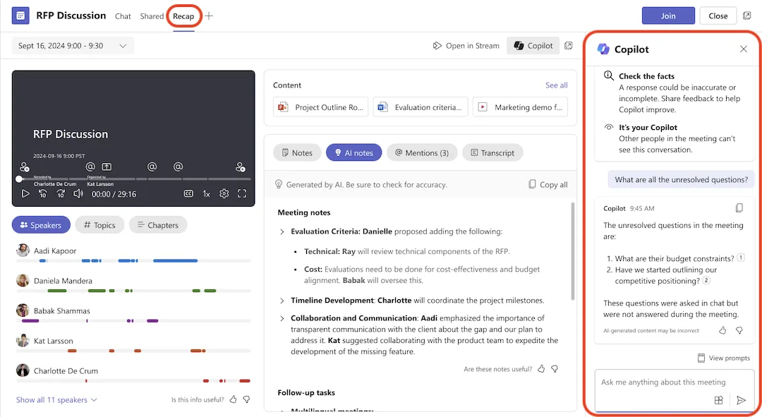 Recapitulação de reunião no Teams com anotações geradas por IA e o painel do Copilot respondendo quais são as perguntas ainda sem resposta